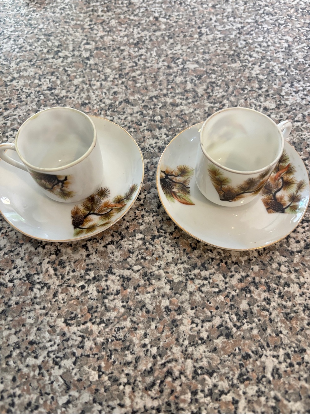 Porcelain Pinecone Espresso Cup & Saucer Set in White with Gold Trim